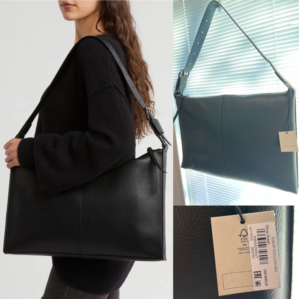 Allsaints Edbury Olive Green Leather Shoulder Bag NWT